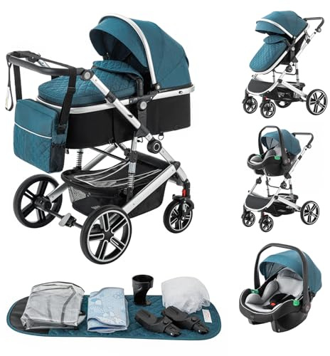 Zkiprm 3 in 1Travel System, Waterproof Baby Pram with Seat, Pushchair with Height Adjustable Handle, City Strollers | Complete Accessories | Anti-Vibration for 0-4 Years （Blue）
