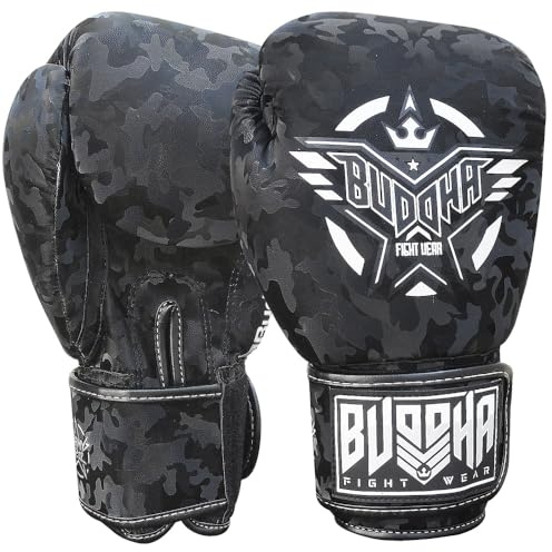 BUDDHA FIGHT WEAR - Guantes de Boxeo Thailand - Muay Thai - Kick Boxing - Piel Sintética Tejido Interior Resistente A Los Olores - Varios Diseños (Army Negro, 10 Oz)