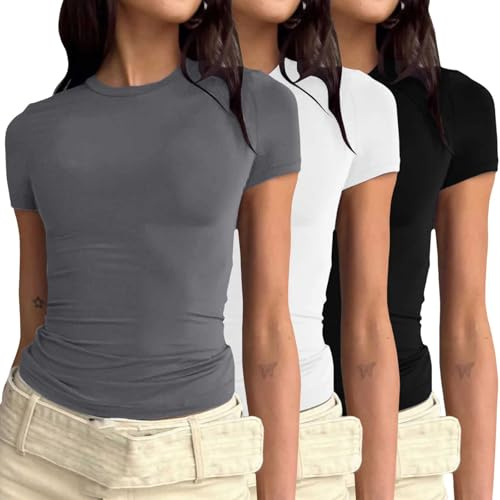 Lot de 3 t-Shirts à col Rond à Manches Courtes pour Femme - Basic Y2k - Crop Tops d'été - Couleur Unie - Blanc - pour la Gym - Coupe ajustée - Élégant Haut