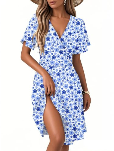 Générique Robe de Femme Boheme Vetement Robe de Bal Cocktail Chic Elegant Mi Longue Fluide Femme Fleurie Manche Courte Ensemble Portefeuille Col V Robes de Femmes de Plage Soiree (C Blue,Medium)