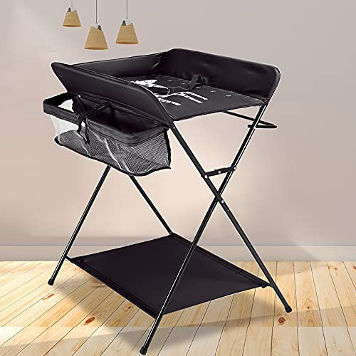 Klappbar skötbädd, höjdjusterbar babyskötbädd med hjul, platsbesparande & stabil, 80*63*96 cm (31.5*24.8*37.8 tum) Mobil skötbädd med säkerhetssele för spädbarn yngre än 12 månader (Svart)