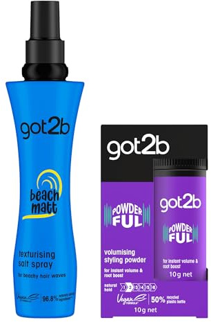 got2b Beach Matt Texturising Salt Spray 200 ml, for Beachy Hair Texture, Spray for Wind-blown Tousled Looks and got2b POWDERful Volumising Styling Powder 10 g, Natural Hold, Volumising Styling