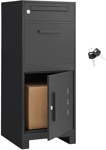 SONGMICS Paketbox, Paketbriefkasten, Briefkasten mit Paketfach, Paketkasten XXL, für Briefe, Pakete, Schloss mit Abdeckung, 2 Schlüssel, Stahl, schwarz GMB091B01