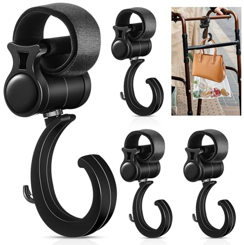 4PCS Walker Hook Hanging, 360° Rotation Stroller Hooks, Baby Stroller Hanger Clip, Diaper Bag Hanger, Multipurpose Wheelchair Hanging Hooks for Rollator, Shopping Cart and Car Back Seat (Black)
