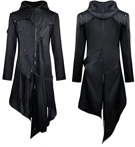 Men's Steampunk Jacket Mens Gothic Irregular Hem Coat Medieval Hooded Overcoat with Zipper Streamer Outerwear Victorian Retro Mid-Length Blazer Renaissance Black Streetwear Jackets Punk Windbreaker