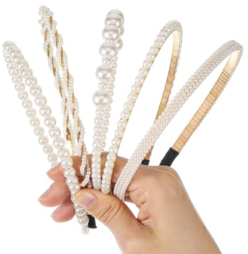5 Pack Pearl Headbands For Women Non Slip White Hair Bands White Faux Pearl Bridal Hoops Elegant Rhinestones Hairbands For Girls Wedding Party Pearls Hair Accessories
