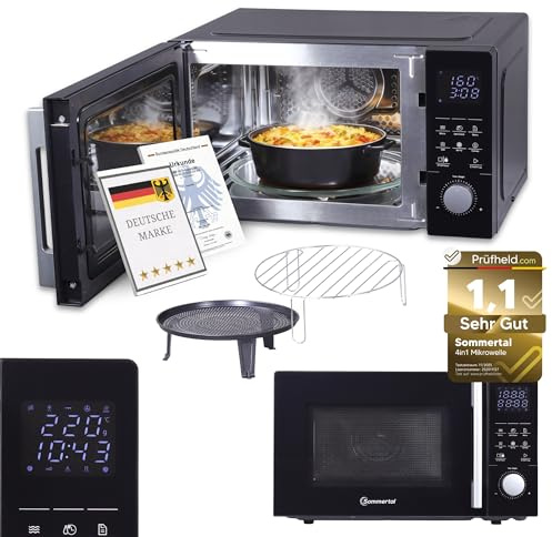 Sommertal 4in1 Mikrowelle 25L – Grill, Heißluft-Fritteuse, Konvektion, 2200W, 8 Programme, Touch-Display, 60 Min Timer, Schwarz, Kindersicherung, Express-Start – inkl. Rost & Crisp-Pfanne