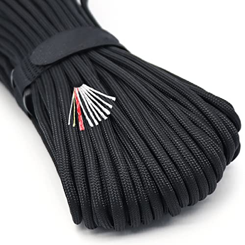 Överlevnad fallskärmsrep, PSKOOK 300 m brandstartare fallskärmsrep 7-strängad nylon med röd tinder-sladd PE fiskelina bomullstråd för utomhusnyckelband, armband, handtagsomslag (svart)