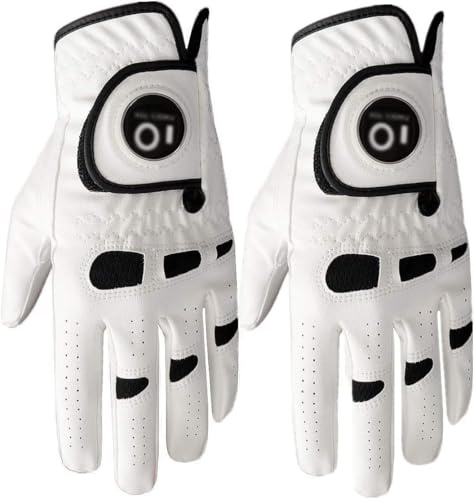 AXKAL Golf Glove Men Left Hand Right Leather With Ball Marker Value 2 Pack, Mens Golf Gloves All Weather Left Right Handed Golfer Durable Soft Comfortable Fit Size S M ML L XL (White, M, Left)
