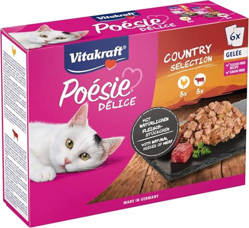 Vitakraft Poésie Délice, Country Selection, Nassfutter Katze, Katzennassfutter Gelee, mit Huhn, mit Rind (1 Paket mit 6x 85g)