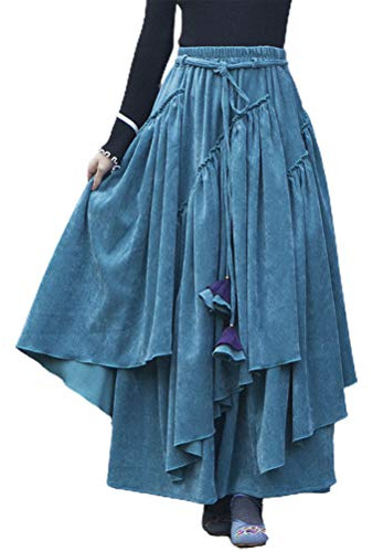 IDEALSANXUN Womens High Waist Aline Corduroy Flared Pleated Long Skirts(Blue, L)