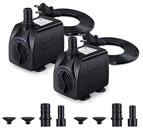 CWKJ Fountain Pump, 2 Packs 160GPH(10W 600L/H) Submersible Water Pump, Durable Outdoor Fountain Water Pump with 7.2ft（2.2m）Power Cord, 3 Nozzles for Aquarium, Pond, Fish Tank, Water Fountain Pump