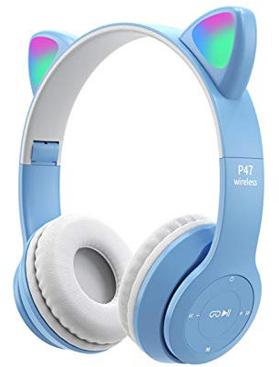 QOTSTEOS Auriculares inalámbricos para juegos, Bluetooth 5.0, plegables, inalámbricos, para juegos, niños, adultos, orejas de gato, auriculares con luz LED (azul)