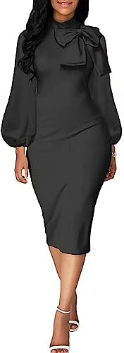 BestGirl Black Dresses for Women Bodycon Elegant Bow Knot Bishop Sleeve Work Office Pencil Business Dress
