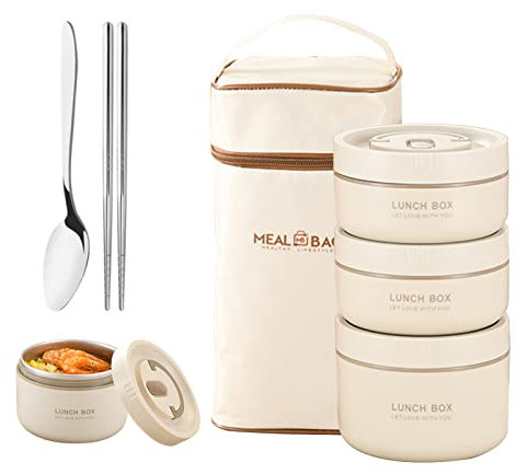 Fiambrera portátil con aislamiento para alimentos, de acero inoxidable, apta para microondas y microondas, con bolsa, térmica, a prueba de fugas, con cuchara para la escuela, la oficina (3 capas)