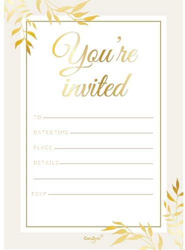 Cardlyst – Premium White A6 Party Invitation Cards - 25-Pack with Stunning Gold Foil Print Party Invitations Birthday Party Kids Invites for Boys and girls Baby Shower Invite