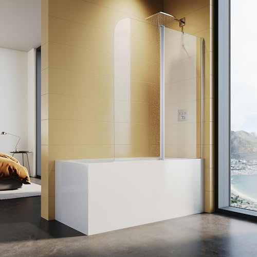 SUNXURY Parete doccia per vasca da bagno, 120 x 140 cm, con stabilizzatore, divisorio per doccia in vetro di sicurezza ESG da 5 mm