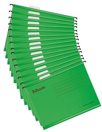 Esselte A4 Reinforced Filing Cabinet Suspension File, Pack 15, Made from Strong 100% Recycled Card, with Tabs and Card Inserts, for Home, Office, School Organisation, Green