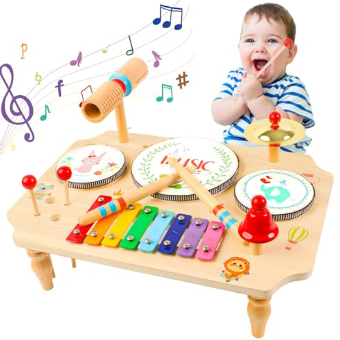 LZDMY Instruments de Musique Bébé 1 2 3 Ans,Jouets Musicaux en Bois Tambour Bébé Xylophone Triangle Batterie et Percussions pour Enfants, Jouets Montessori Anniversaire Pâques Cadeau Garçon Fille