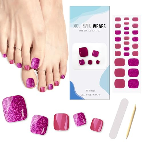 26Pcs Semi Cured Gel Nail Strips Pedicure Stickers, Purple Magic Glossy Toe Nail Polish Wraps, Long Lasting Salon Quality Gel Toeail Strips with Prep Pads, Nail File & Wood Stick, UV/LED Lamp Required
