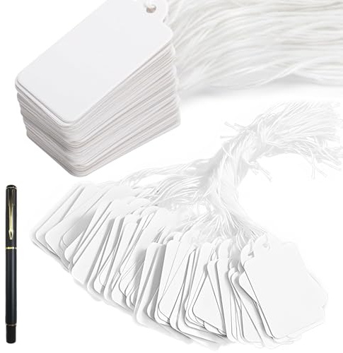 500 pcs Mini Strung Price Tags, White String Price Marker Labels, 28x45 mm Tie on PaperTags, White GiftTags Tie on Blank Marking Tagswith Elastic Rope Attached Blank for Jewelry Clothing Display