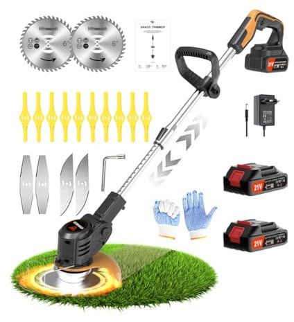 Wrneaoch 21V Desbrozadora Bateria Desbrozadora Electrica Retráctil Cortacésped con 6 000 RPM y Motor de 650 W, con 2 Baterías de 2,0 Ah, El Compañero Jardín y el Cuidado del Césped