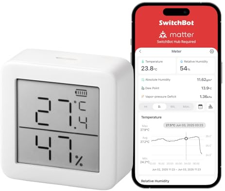 SwitchBot Termometro igrometro interno, igrometro digitale Bluetooth, termoigrometro con app, punto di rugiada/VPD/sensore di umidità assoluto, igrometro