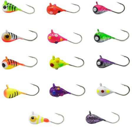 Tungsten Ice Fishing Jig Set Ice Fishing Lures, Max Sensitive Tungsten Tear Drop Ice Jig Head Hook for Panfish, Crappie, Walleye, Perch, Trout, Bluegill (14 Colors Combination, 3MM, 1/60 OZ)