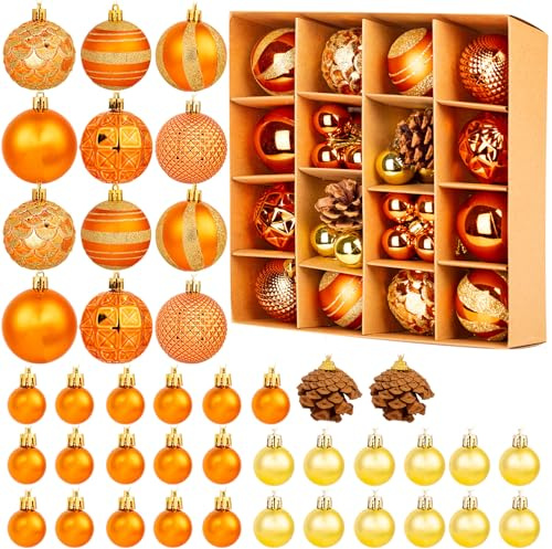 44Pcs Christmas Baubles Set, Orange Christmas Tree Decorations, Shatterproof Xmas Balls and Ornaments for Hanging, Festive Holiday Home Decor, Classic Christmas Decorations Set for Xmas Tree