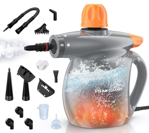 Steam Cleaner, Pressurized Handheld 13pcs Multi-Purpose Natural Deep Cleaning Steamer, Portable Steamer for Cleaning Home, Grout, Kitchen, Car, Window, Upholstery, Bathroom and Clothes, Gray