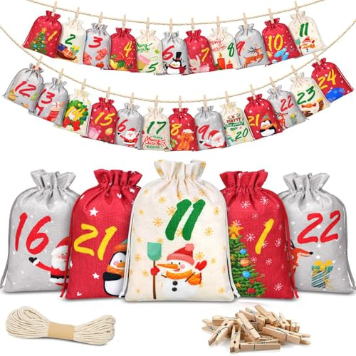 Calendario de Adviento para rellenar, 24 calendarios de Navidad para rellenar, tela infantil, bolsa para rellenar con pinzas de madera y cuerda de 10 m, decoración de Navidad, calendario de Navidad