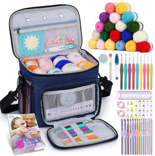 Aeelike 85PCS Crochet Kit, Complete Crochet Kits for Beginners Adults with Instructions, 20x25g Yarn, Metal Crochet Hooks 2mm-10mm, Accessories and Storage Bag, Crochet Starter Kit for Adults - Blue