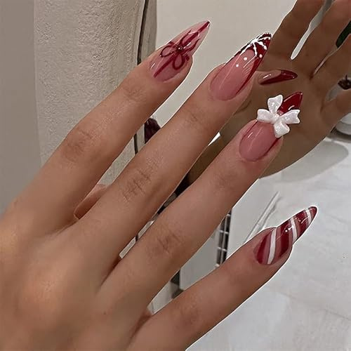 Nymora Press On Nails, Ongles Faux à Coller, 24 Pièces Design Rayures Rouges & Rubans, Pointes Françaises, Ongles Faux de Taille Moyenne pour Femmes & Filles