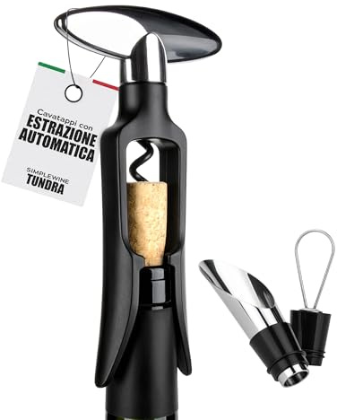 TUNDRA - Cavatappi Vino AUTOMATICO e Professionale con Tappo Versatore Incluso | Apribottiglie Vino SENZA SFORZO in Acciaio - con Estrazione del Tappo Automatica | Casalingo, Cameriere, Sommelier