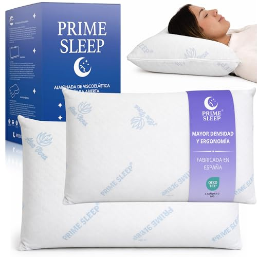 PRIME SLEEP - Almohada Viscoelástica Pack 75 cm Alta Densidad 51kg/m³ Aloe Vera| Núcleo Viscoelástico Célula Abierta Transpirable | Firmeza Media-Alta | Soporte Estable
