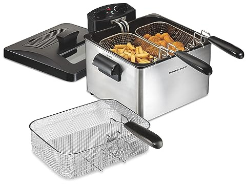 Hamilton Beach Electric Deep Fryer with 3 Baskets and Lid, 4.5 Liters / 19 Cups Oil Capacity, Temperature Control, View Window, Professional Style, 1800 Watts, Stainless Steel (35034)