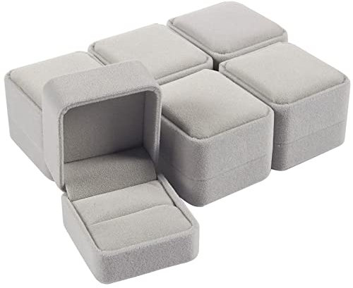 Velvet Ring Gift Box with Snap Closure, Small Jewellery Case for Wedding, Proposal, Grey, 6.3 x 4.3 x 5.6 cm, 6 Pack