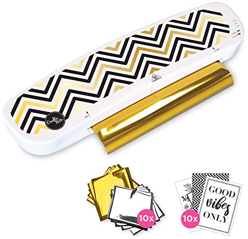 Crafts&Co® Applicator för Varmfolie | Innehåller 5 Silver- och 5 Guldfolier | Glidare Varm Folie | 10 Tryckta A6-kort + 1 Genomskinlig Mapp | Hot Foil Transfer | 39,6 x 12 x 6,5 cm