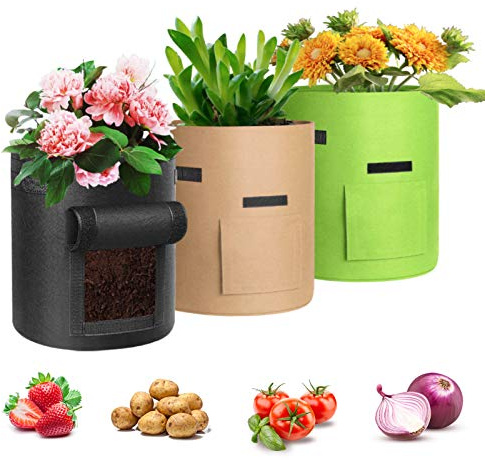 3 Pack Felt Grow Bags - Gardening Planter Container With Window for Potato, Tomato, Carrot and Vegetables - 7 Gallon Bags With Handles (Black, Green, Brown)