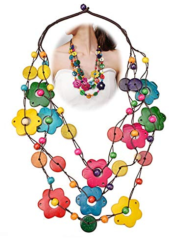 Boho Ethnischen Lange Halskette Vintage Halsschmuck Handgemachte Perlen Kette Halskette im Retro-Stil Stilvolle Holzperlen Halskette Anhänger für Damen Frauen Mädchen Geschenk Bunt 60cm 1 Stück