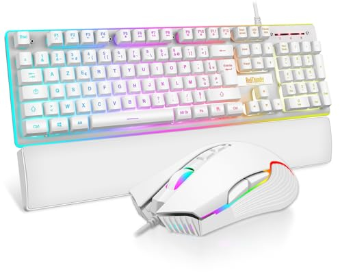 RedThunder K10 Ensemble Clavier et Souris Gamer, AZERTY FRANÇAIS + Repose-Poignets, Clavier Gaming Anti-Ghosting Rétroéclairé RVB et 7200 DPI avec Souris Gaming Ergonomique pour Les Joueurs (Blanc)