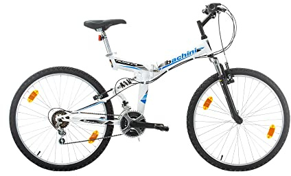 Multibrand Bachini Folding Vélo VTT Pliant 26 Pouces Tout Suspendu, 18 Vitesses, Frein V-Brake, pour Hommes, Femmes, Filles et garçons, Convient pour 155–180 cm (Blanc avec Bleu et Noir)