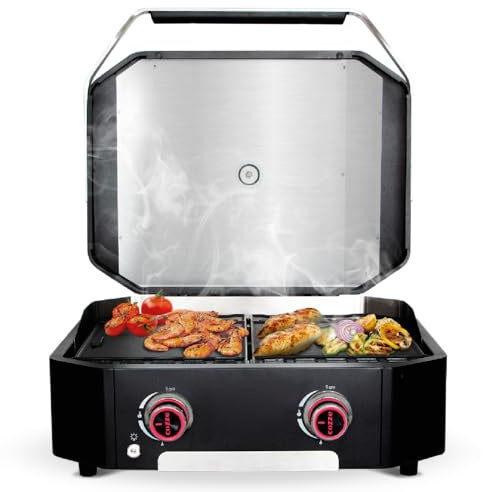 cozze® Plancha Barbecue a gas 600 con coperchio, 2 bruciatori, piastra girevole in ghisa, manopola a LED con indicatore luminoso, con tubo e regolatore, 50 mbar, 65 x 57 cm