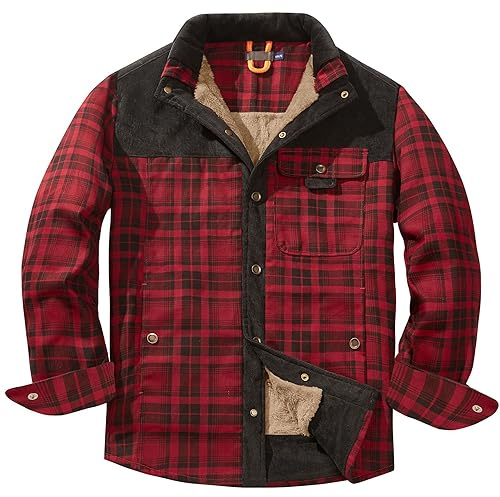 Youthful flying Chemise Thermique pour Homme avec Fermeture éclair en Flanelle Veste à Carreaux Polaire Doublée Chemise Bûcheron d'hiver Rembourrée(Size:XL,Color:Rouge)