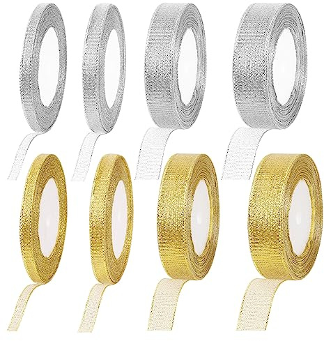 Swpeet 8 Rolls 200 Yards in Total 2 Colors Glitter Silver Gold Ribbon, Metallic Glitter Ribbon, Gift Wrap Ribbons Approx 1/4 2/5 4/5 1 Width for Gift Wrapping Birthday Graduation Party Decoration