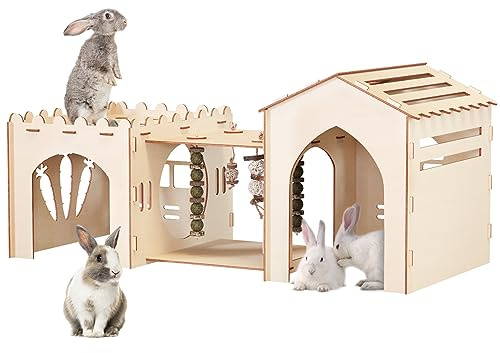 Woiworco Extra großes Hasenschloss Versteck Hasenhaus mit 3 Häusern und Spielzeug, Holz Hasenversteck Indoor Großer Kaninchenstall Spielhäuser und Verstecke Nussschloss Hamster und Meerschweinchen
