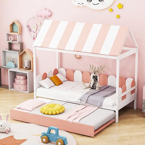 I0I&I0I Kinderbett 90x190cm mit Ausziehbett, Hausbett für Jungen und Mädchen, Massivholzbett in (Rosa)