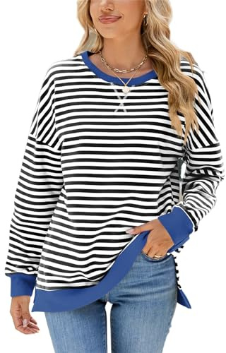 SotRong Longline randig tröja för kvinnor Storbritannien rund hals delad fåll pullover avslappnad långärmad säckig toppar trendig färgblock Y2k Preppy t-skjortor S-2XL, Svart och vitt, S