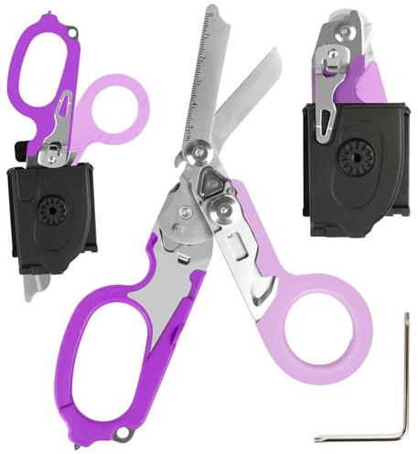 6 in 1 Multi-Function Pieghevole Forbici Trauma con fondina compatibile, Forbici di risposta di emergenza Outdoor Camping Rescue Tools con Strap Cutter e Glass Breaker (Viola)