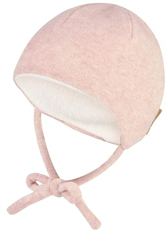 Sterntaler Beanie aus Melange Mischgewebe – Mädchen Babymütze mit angeschnittenen Ohrenklappen und Bindeband – warme Beanie, gefüttert mit Baumwollfleece – Erstlingsmütze – puderrosa Melange, Gr.33